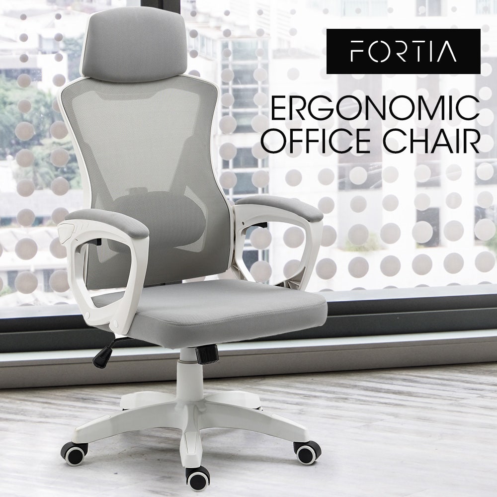 FORTIA Ergonomic Office Desk Chair, Height Adjustable Lumbar Support, Mesh Fabric, Headrest, White/Grey