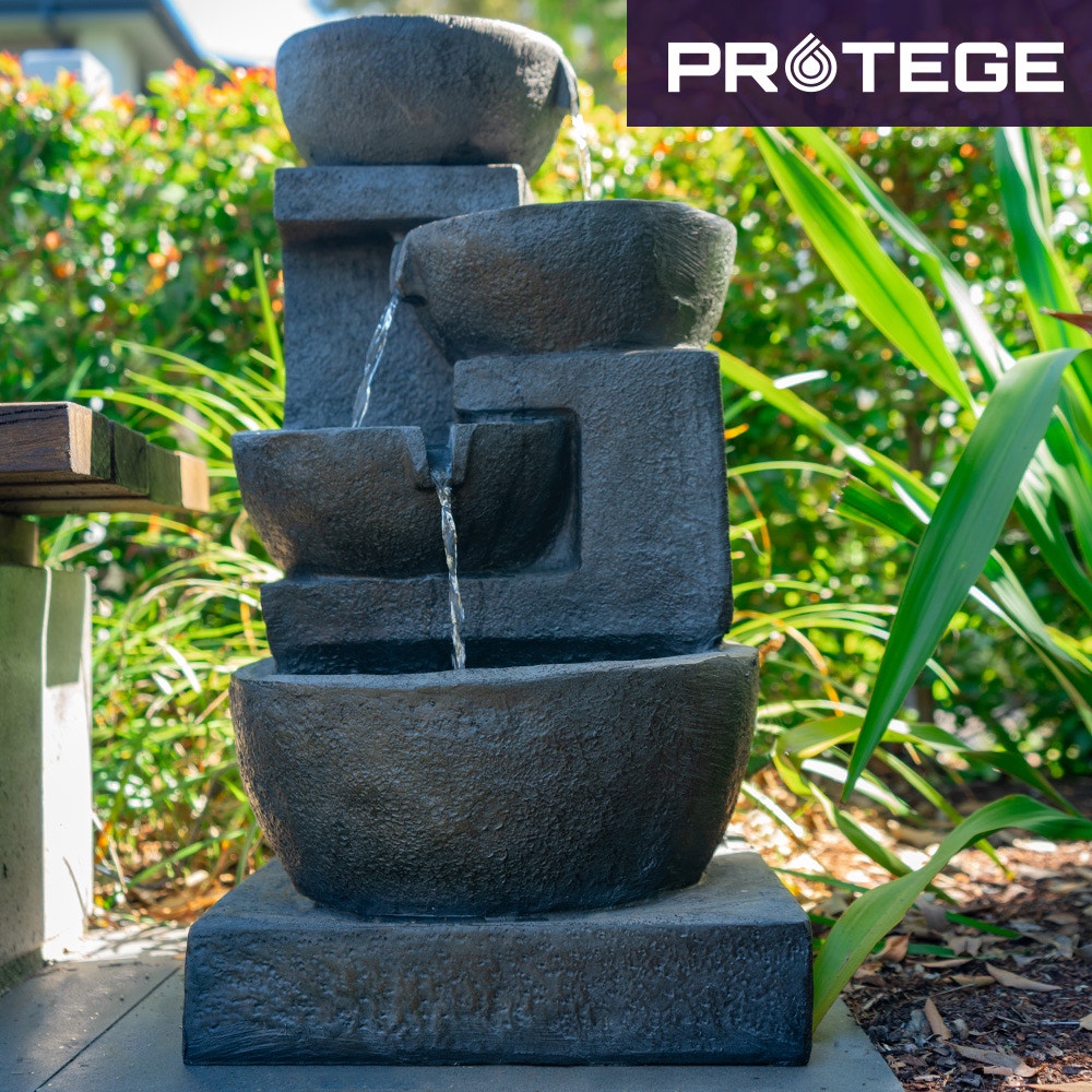 PROTEGE 4 Bowl Solar Powered Water Feature Fountain with LED Lights - Charcoal