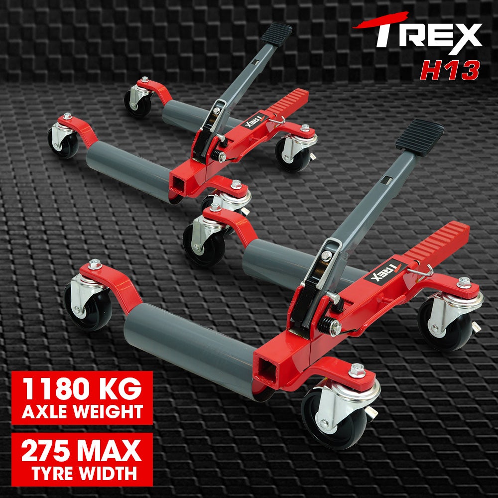 T-REX 1180kg Set of 2 Vehicle Positioning Jacks, Mechanical Ratcheting Foot Pedal Wheel Dolly For Auto Car Moving