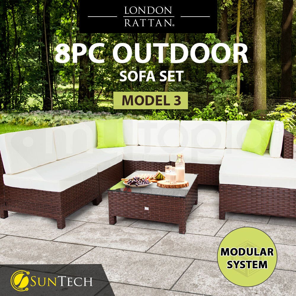 LONDON RATTAN Modular Sofa Outdoor Lounge Furniture 8pc Wicker Brown Cream