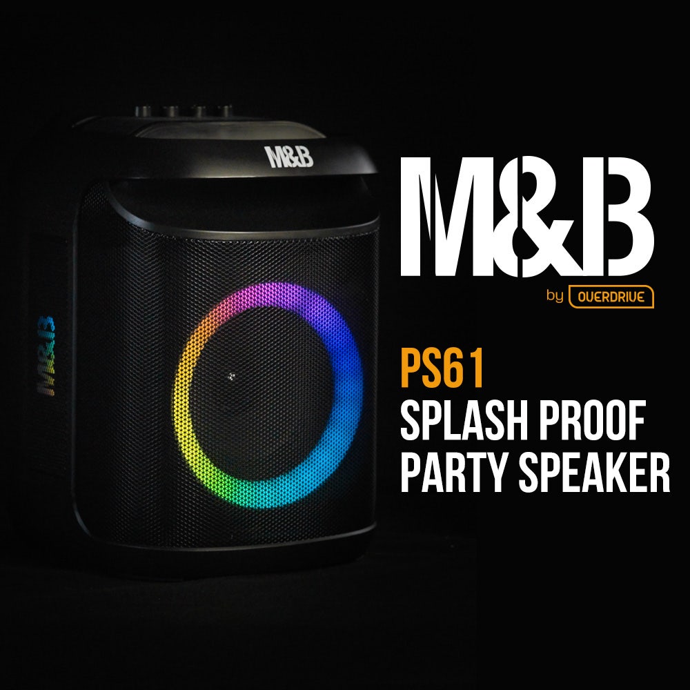 M&B Portable Splash Proof 80W Bluetooth Party Speaker, IPX4, TWS Pairing, Multi-Input, Lithium Battery, RGB, USB Charging