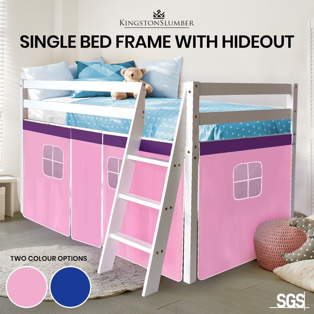 KINGSTON SLUMBER Wooden Kids Single Loft Bed Frame - Hiding Space Underneath with Interchangeable Pink and Blue Curtains