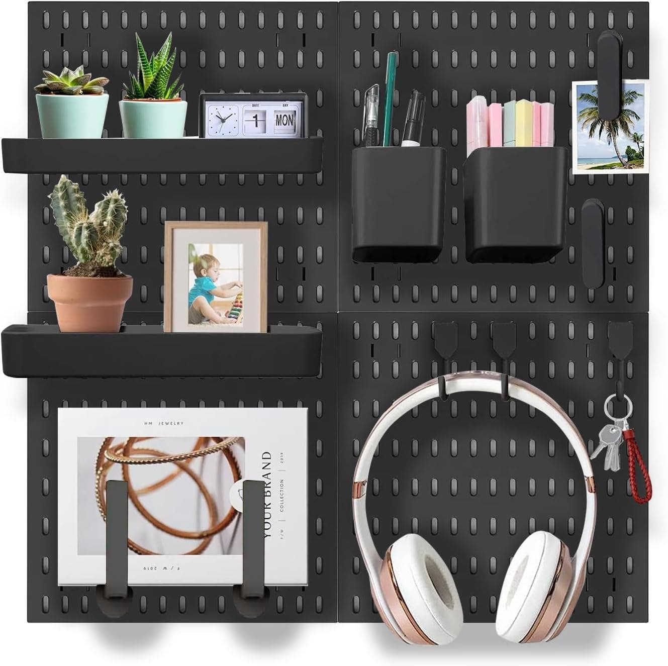 CARLA HOME 4Pc Pegboard & 18Pc Accessories Modular Hanging Wall Organiser Kit - Dark Grey