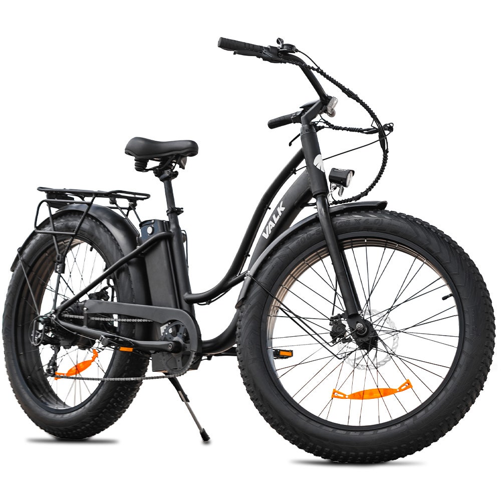 VALK Electric Fat Tyre Cruiser Bike, with Throttle, Step-Through eBike, Matte Black