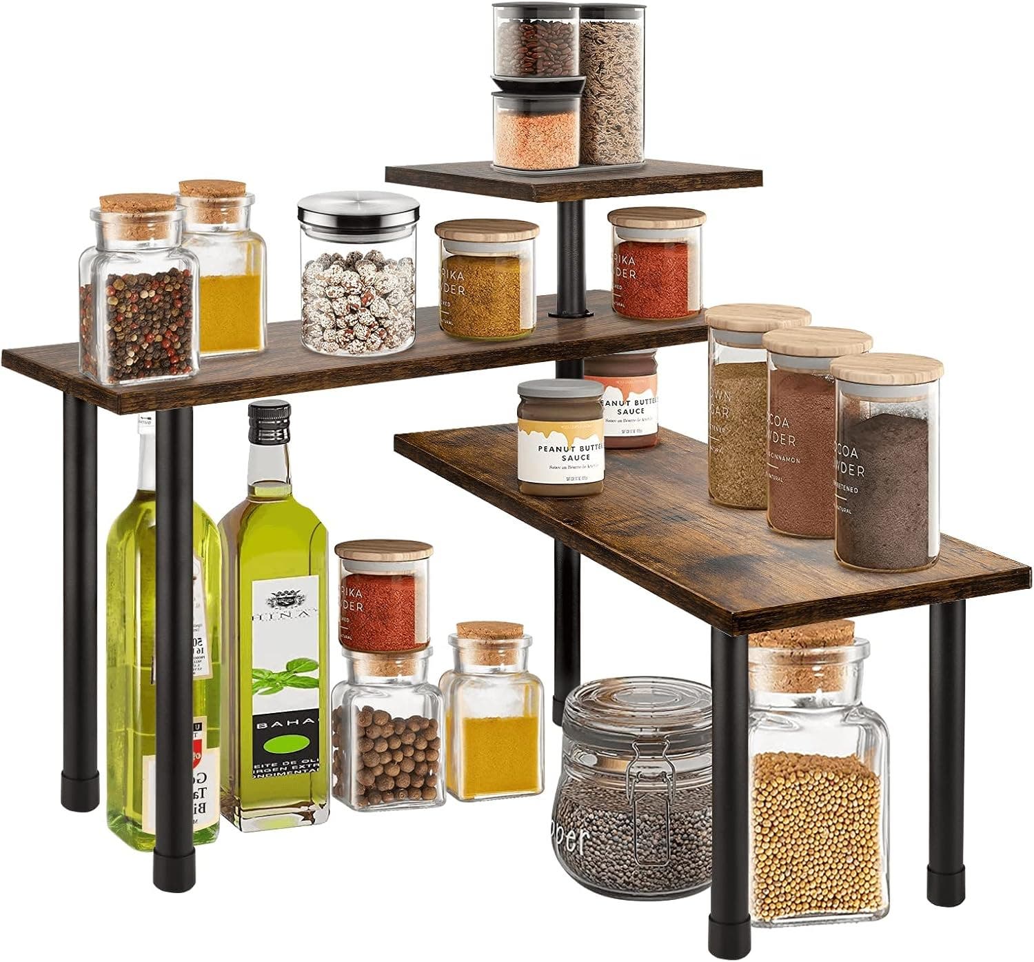 CARLA HOME 3-Tier Shelf Wooden Design with Hooks Corner Kitchen Spice Rack Organiser