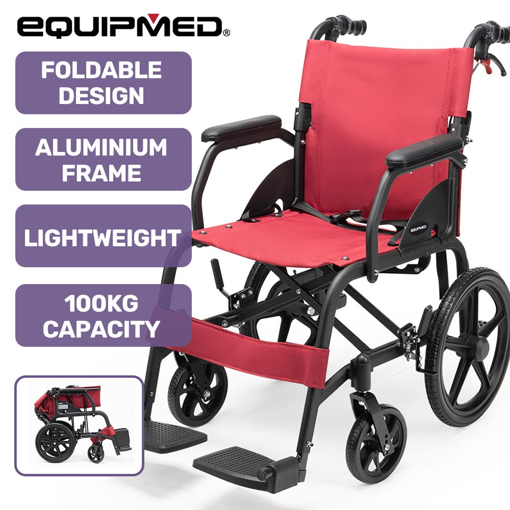 EQUIPMED Folding Transit Wheelchair, Lightweight Aluminium for Easy Transport, Crimson Red