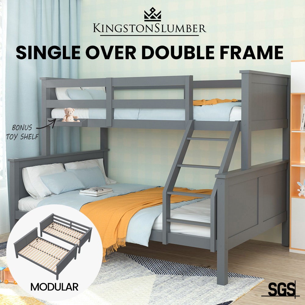 KINGSTON SLUMBER Triple Wooden Single Over Double Bunk Bed Frame for Kids, Convertible Design, Grey