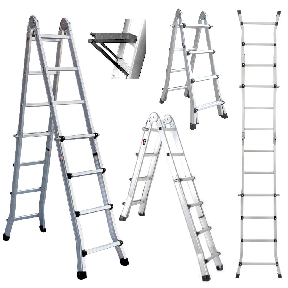 BULLET 4m Folding Aluminium Multipurpose Ladder, w/ Workshelf Platform, Spring Assisted Rapid Safety Lock Adjusters