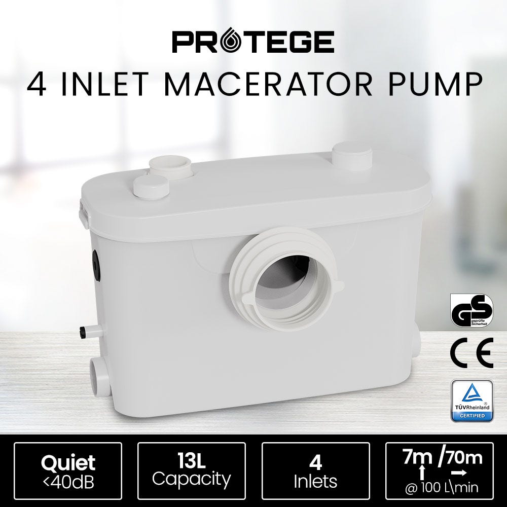 PROTEGE Macerator Pump, with 4 Inlet, for P-Trap Toilet, House, Bathroom, Shower, Sink, Washing Machine