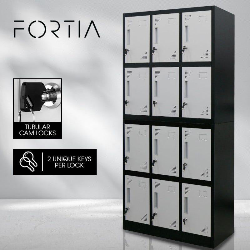 FORTIA 12-Door Metal Storage Lockers, for Gym, Office, Black and Light Grey