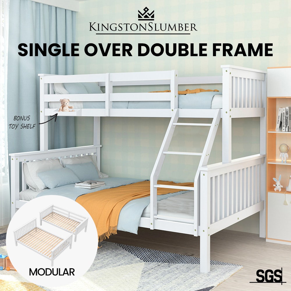 KINGSTON SLUMBER Single Over Double Wooden Bunk Bed Frame, Triple Solid Pine 2-in-1 Modular Design, Converts to 2 Beds, For Kids, White