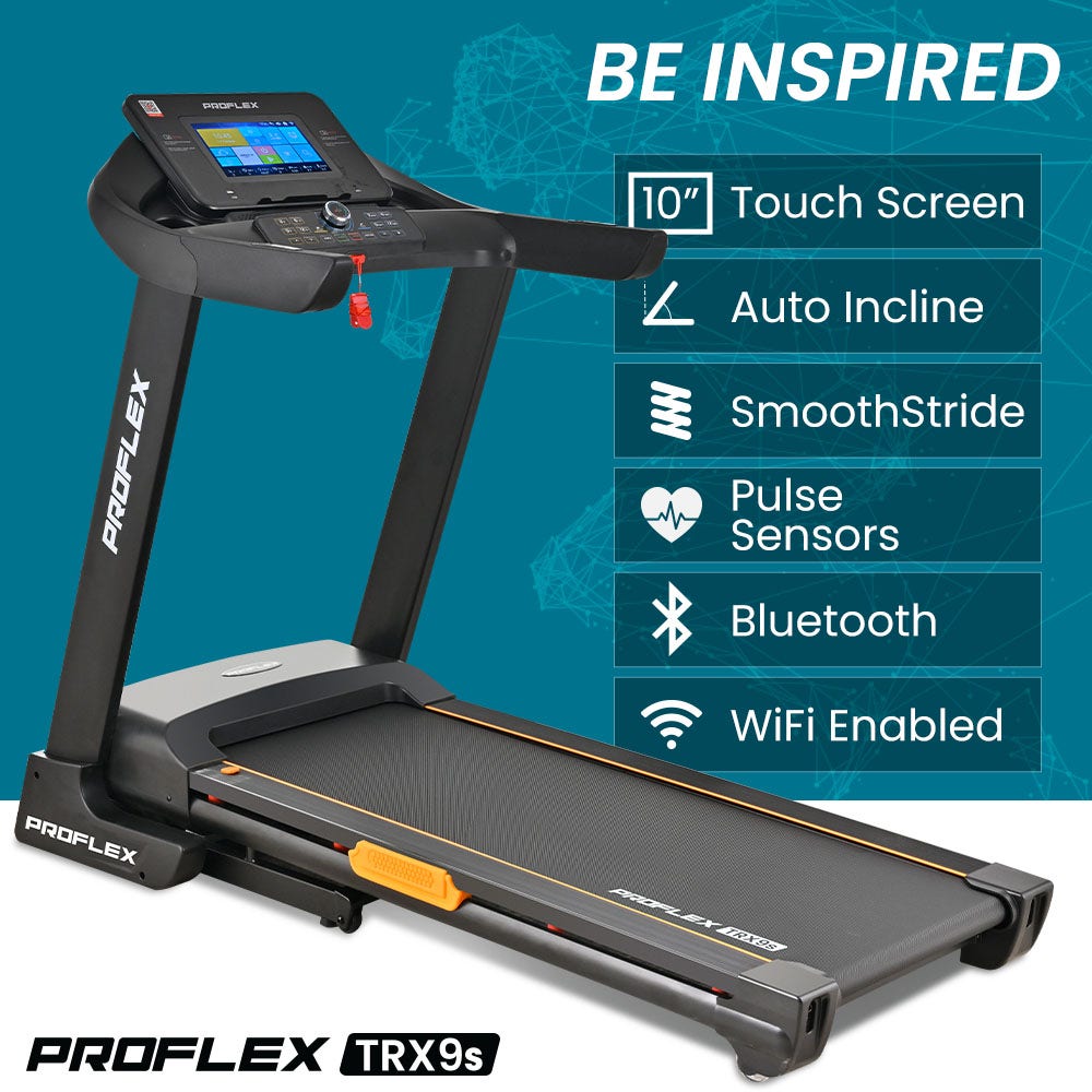 PROFLEX TRX9s Electric Treadmill, Large Size, 450mm Belt, 10-inch display, Foldable, Suspension, Auto Incline, WiFi, Bluetooth, Pulse Sensors