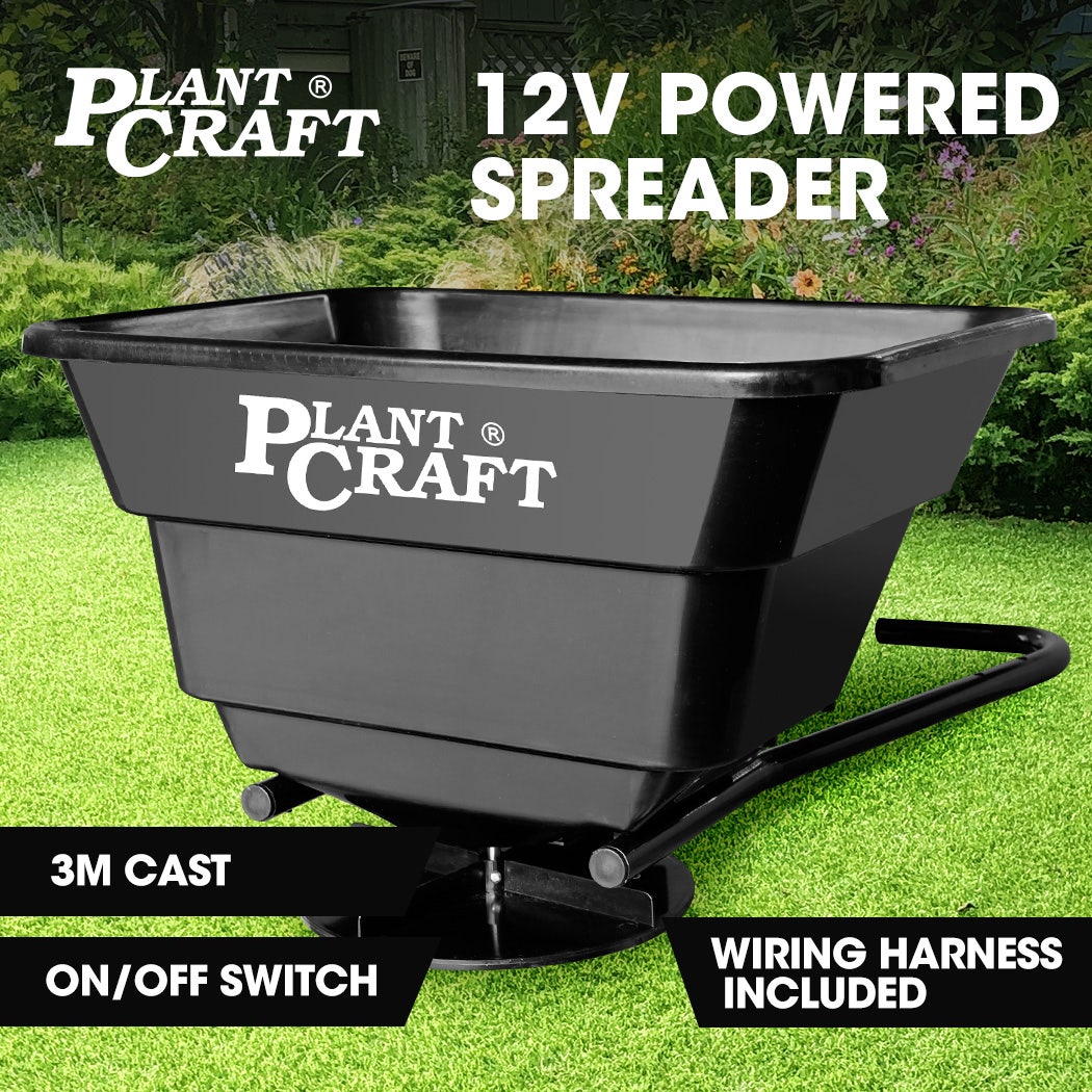 PLANTCRAFT Spreader 12V 36kg 30L Lawn Seed Fertiliser, for ATV, Ride on Mower, with Rain Cover