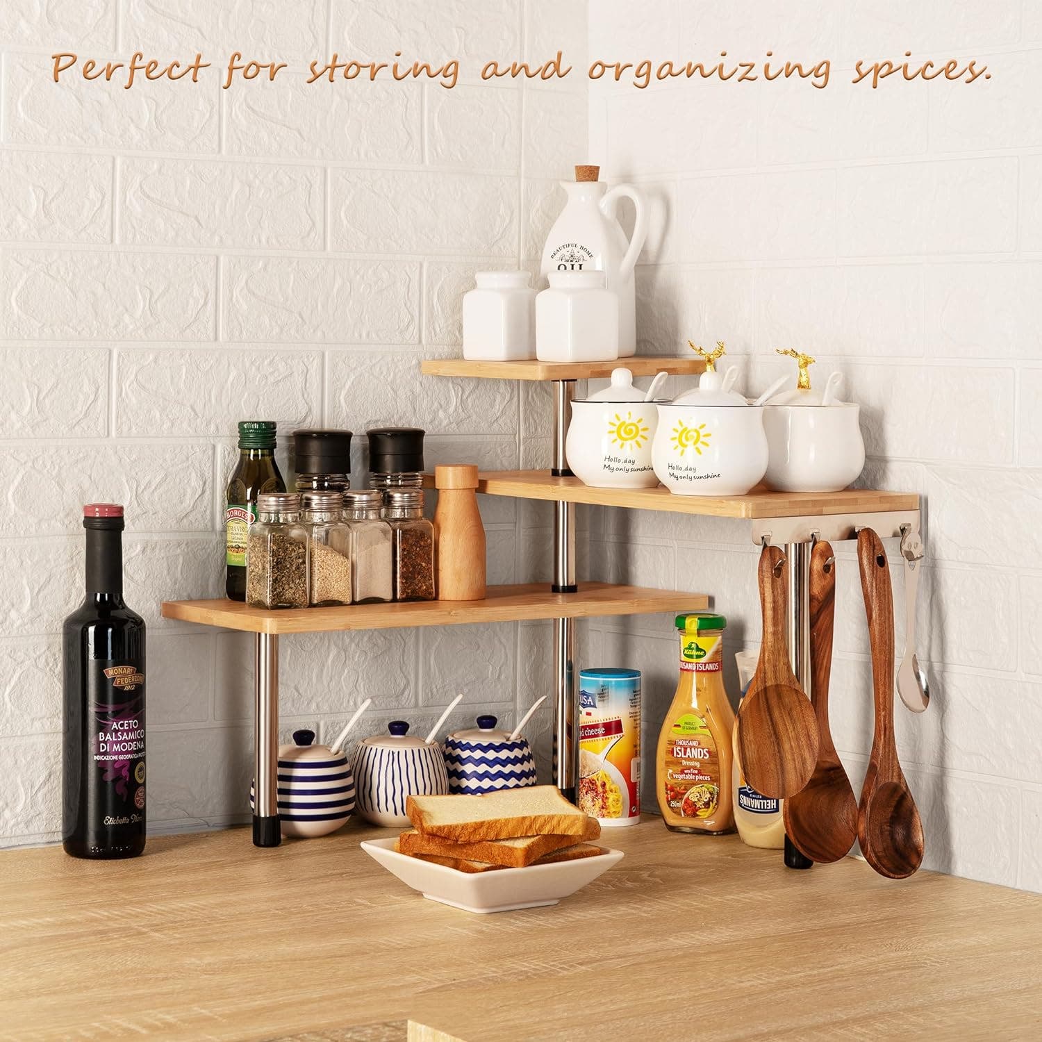 CARLA HOME 3-Tier Shelf Bamboo Design with Hooks Corner Kitchen Spice Rack Organiser