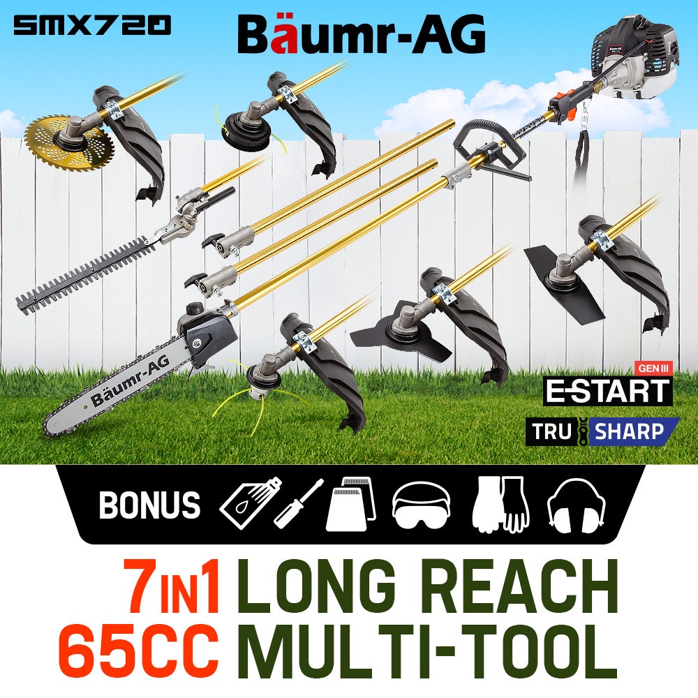 BAUMR-AG 65cc 7in1 Long Reach Garden Multi-tool, Pole Saw, Hedge & Line Trimmer, Brush Cutter, 12" Tree Trimming Pruning Chainsaw Bar, 2 Extension Shafts