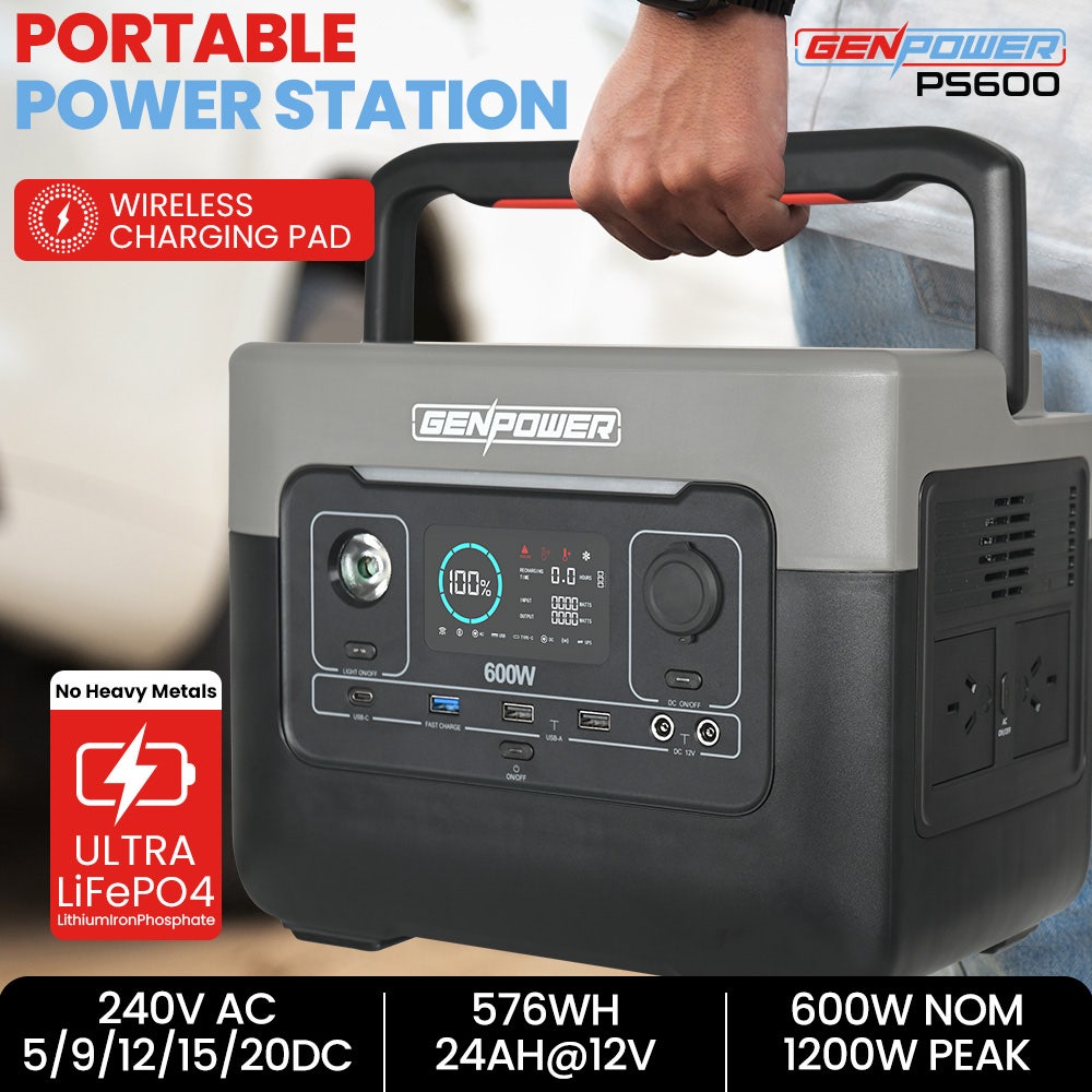 GENPOWER 600W Portable Lithium Power Station 576Wh LiFePo4, Multiple Voltage Output, 15W Wireless Charger, Ideal for Camping, Home Backup and Power Tools