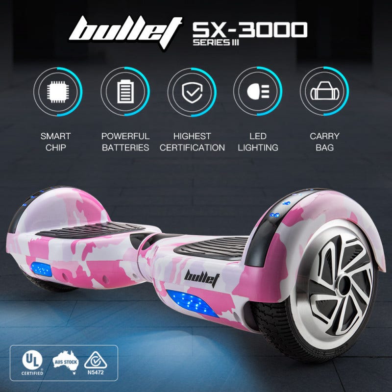 BULLET Gen III Hoverboard Scooter, Superior Self Balancing System, Dual Copper Motors, UL Certified, 6.5" Wheels, LED Lights, Carry Bag, Camo Pink