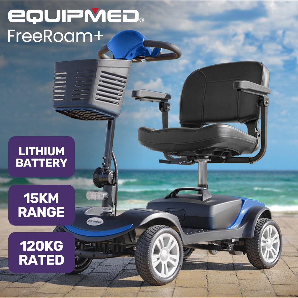 EQUIPMED FreeRoam+ Mid-Sized Lithium Fast Easy Charge Mobility Scooter, Blue