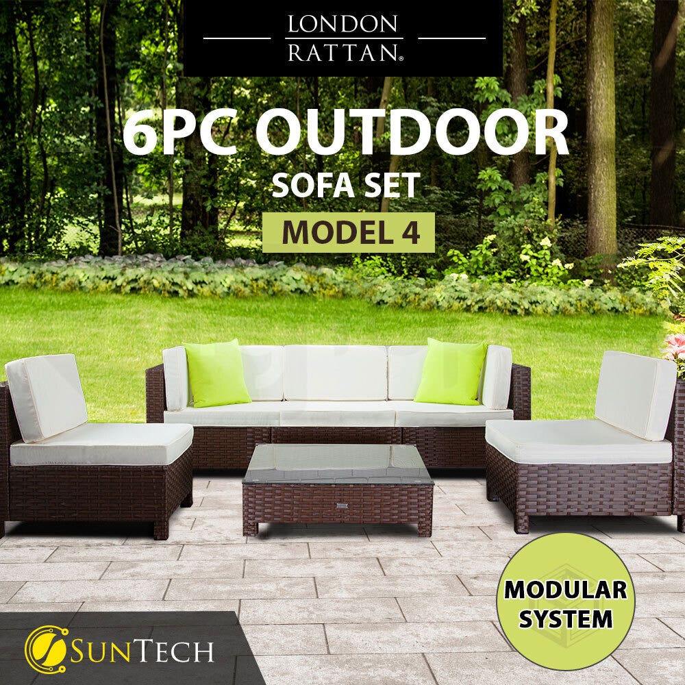 LONDON RATTAN Modular Sofa Outdoor Lounge Furniture 6pc Wicker Brown Cream