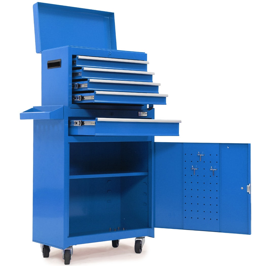 BULLET Pro 5 Drawer Tool Box Cabinet Chest Storage, with 1-Door Toolbox Garage Organiser Set, Blue