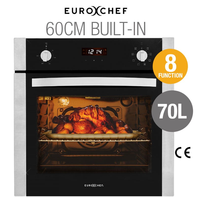 EuroChef 60cm Grill 8 Function Fan Forced 70L Built-in Oven - Stainless Steel