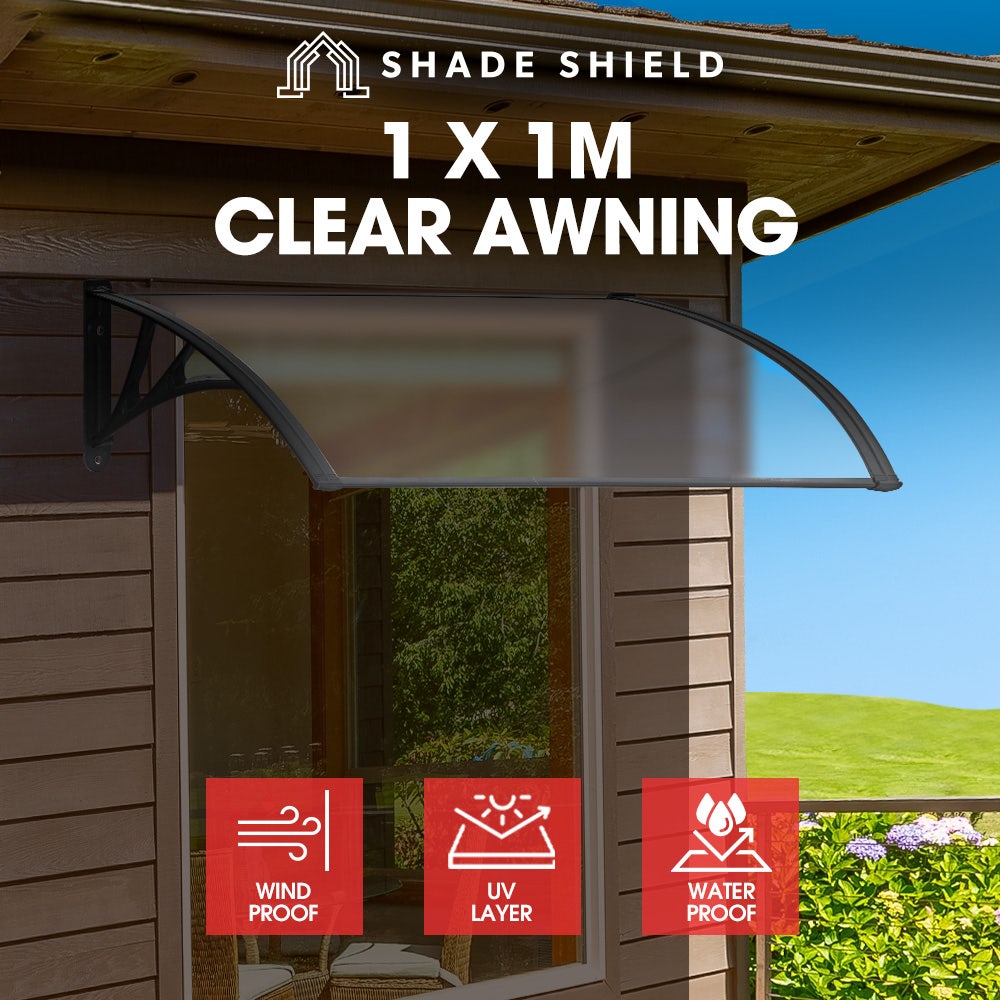 SHADE SHIELD 1x1m Exterior Awning, Black DIY External UV Rain Protection Clear Tinted Polycarbonate Canopy Cover