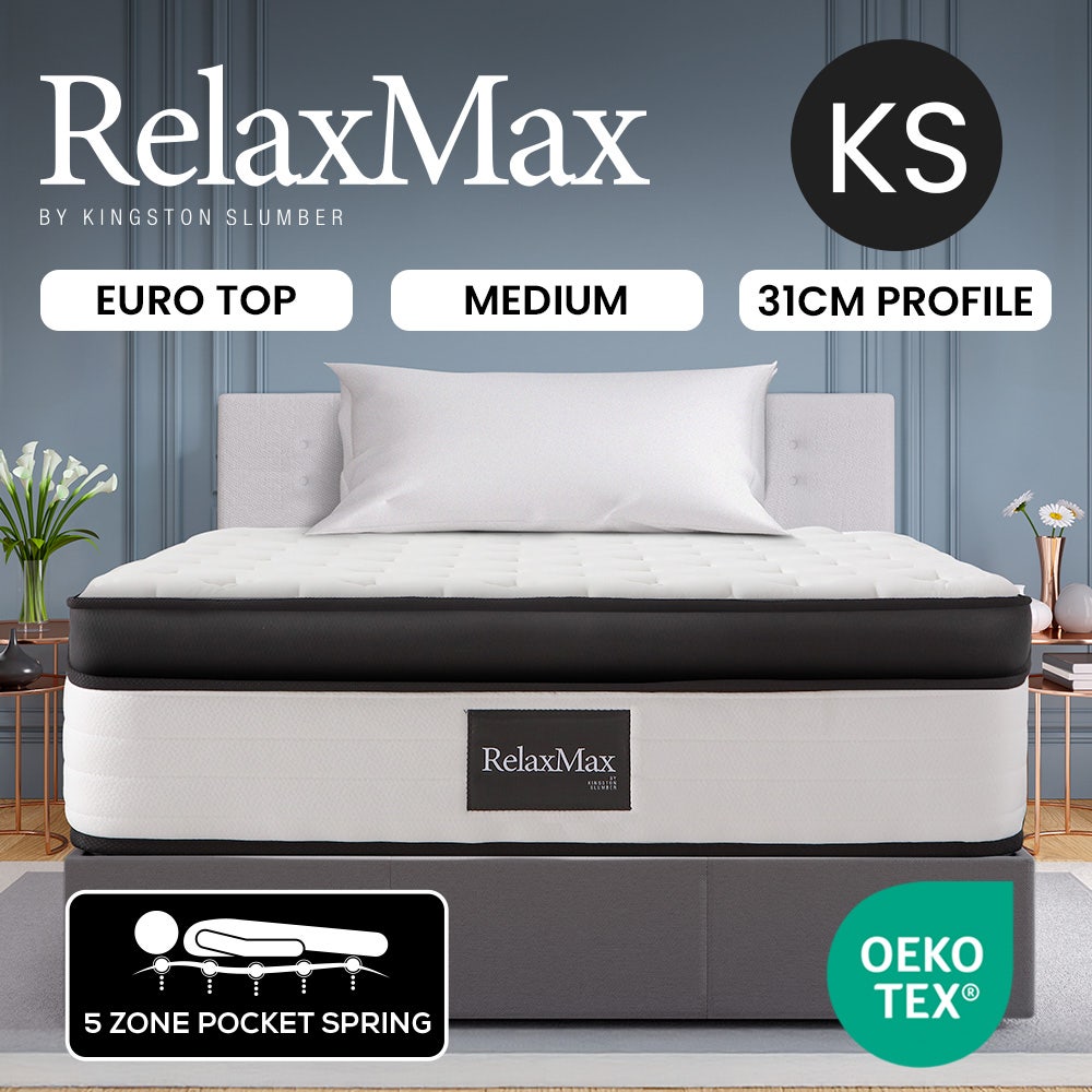 KINGSTON SLUMBER RelaxMax 31cm King Single Mattress, Medium, Euro Top, 5-Zone, Pocket Spring, Knitted Fabric