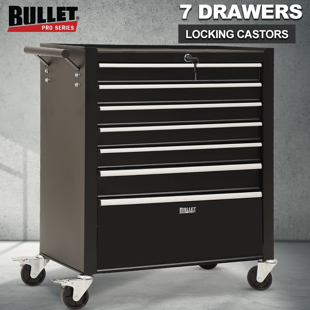 BULLET Pro 7 Drawer Tool Box Cabinet Trolley Storage, Toolbox Garage Organiser Set, Black