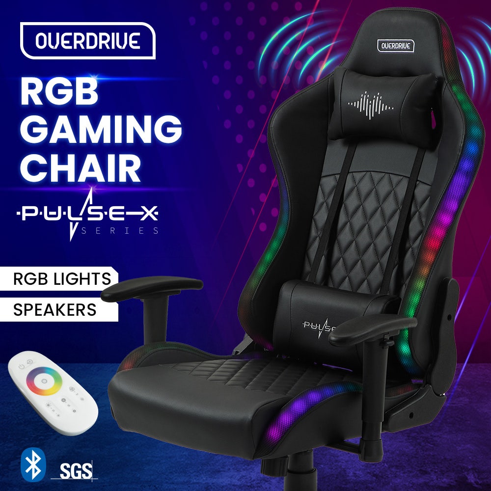 OVERDRIVE Gaming Chair, with Bluetooth Speakers, RGB LED Lights, Reclining Game Armchair, Black
