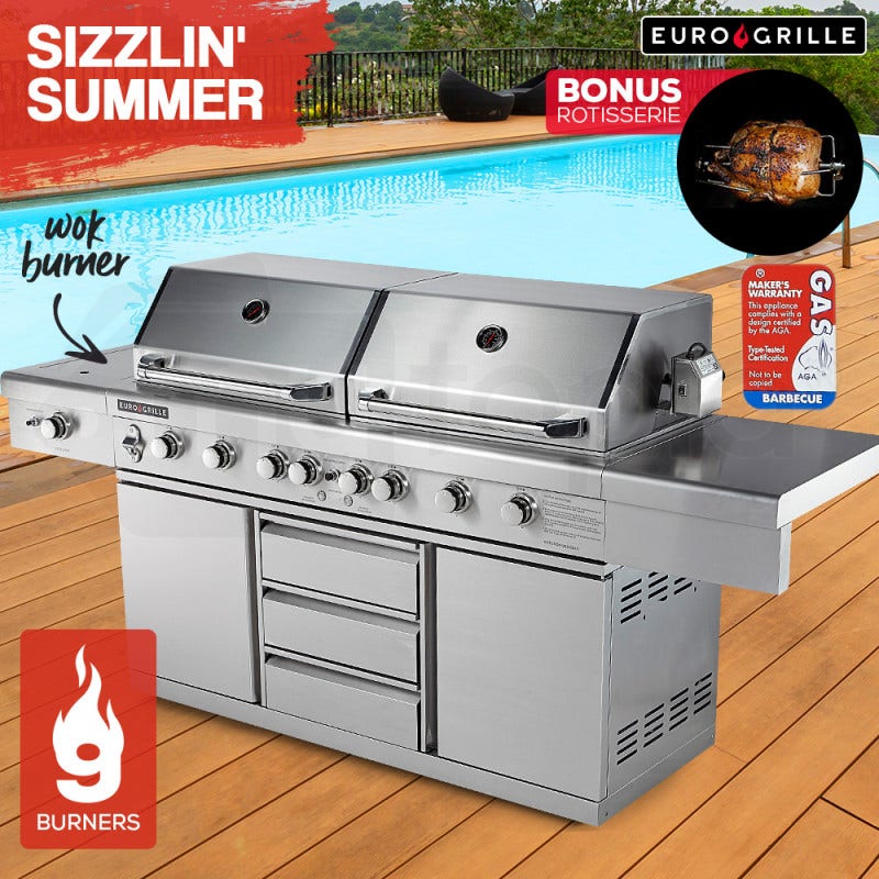 EuroGrille 9 Burner BBQ Grill Outdoor Barbeque Gas Stainless Steel Kitchen