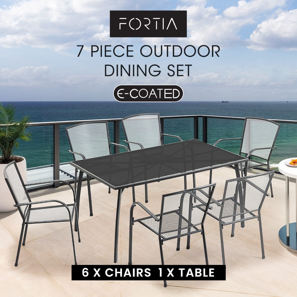 FORTIA 7pc Outdoor Dining Furniture Set, Rectangular Table and Chairs Setting for Outside