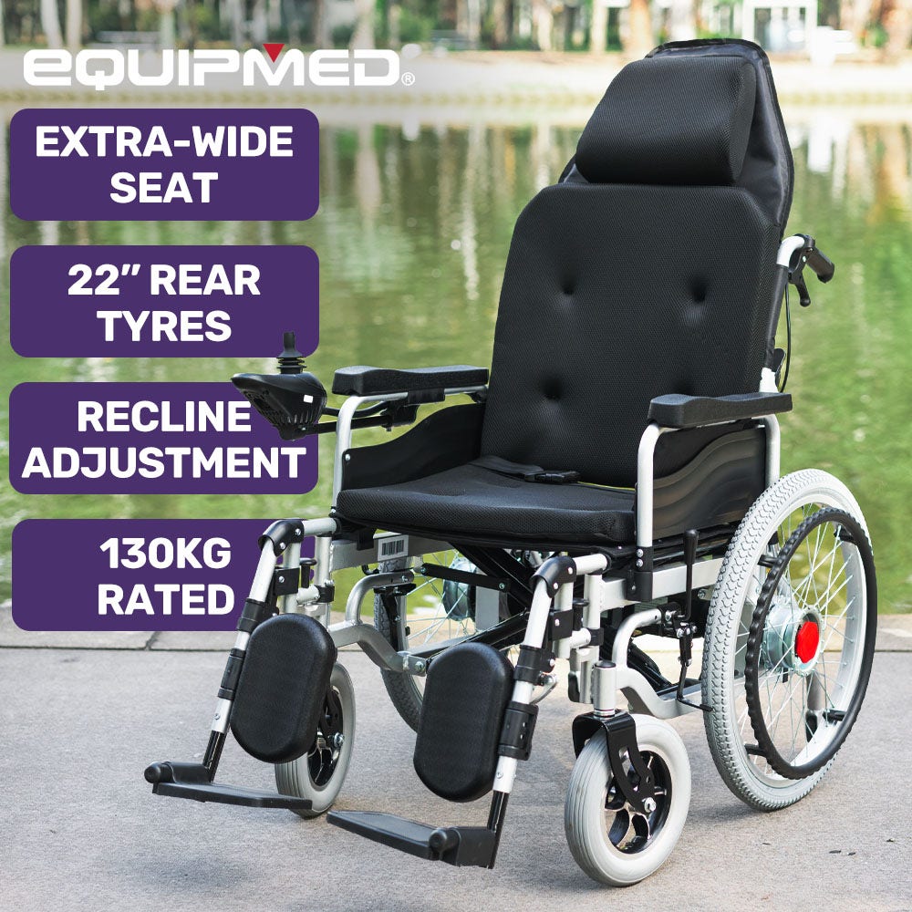 EQUIPMED Power Electric Wheelchair, XL Wide Bariatric Chair Seat, Long Range, Airline Approved, Recline Adjustment, Lithium Battery, 22" Wheels, Headrest, Black