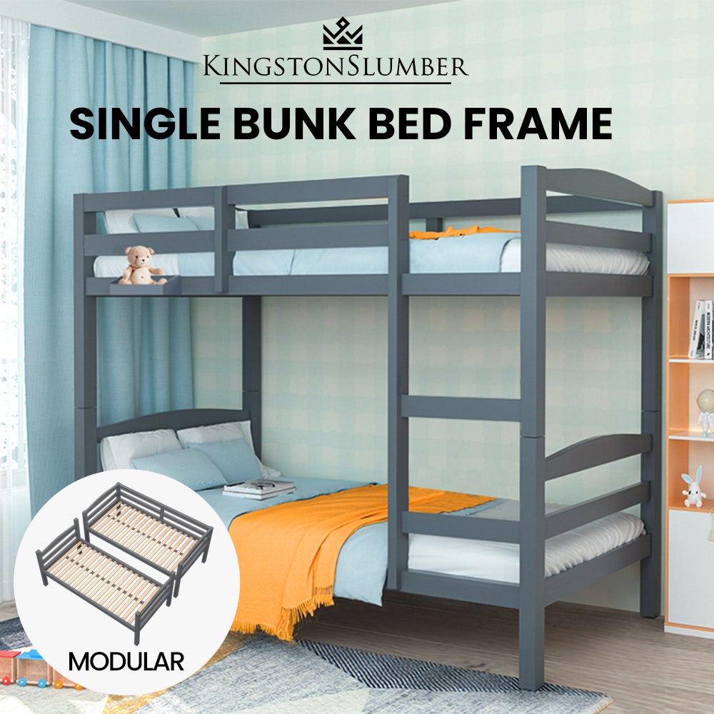 KINGSTON SLUMBER Single Bunk Bed Frame, Solid Pine 2-in-1 Modular Design, Converts to 2 Single Beds, For Kids, Grey