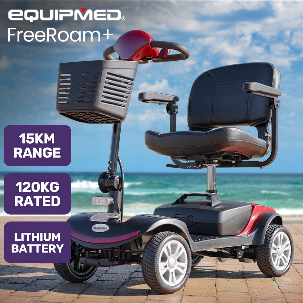 EQUIPMED FreeRoam+ Mid-Sized Lithium Fast Easy Charge Mobility Scooter, Red
