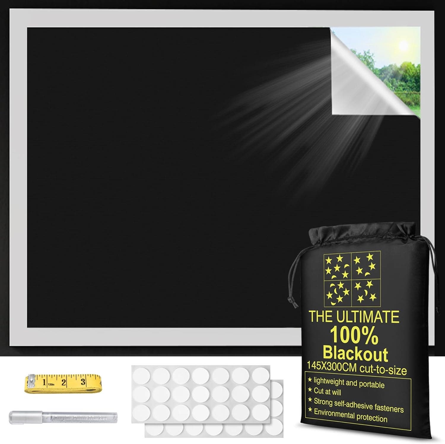 Carla Home Vikus 300 x 145cm Home & Travel Adhesive Install Blackout Curtain Kit