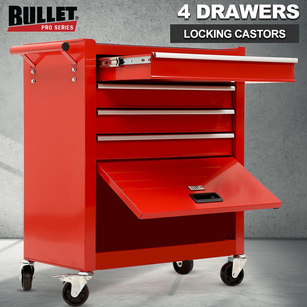 BULLET Pro 4 Drawer Tool Box Cabinet Trolley Storage, 1-Door Toolbox Garage Organiser Set, Red
