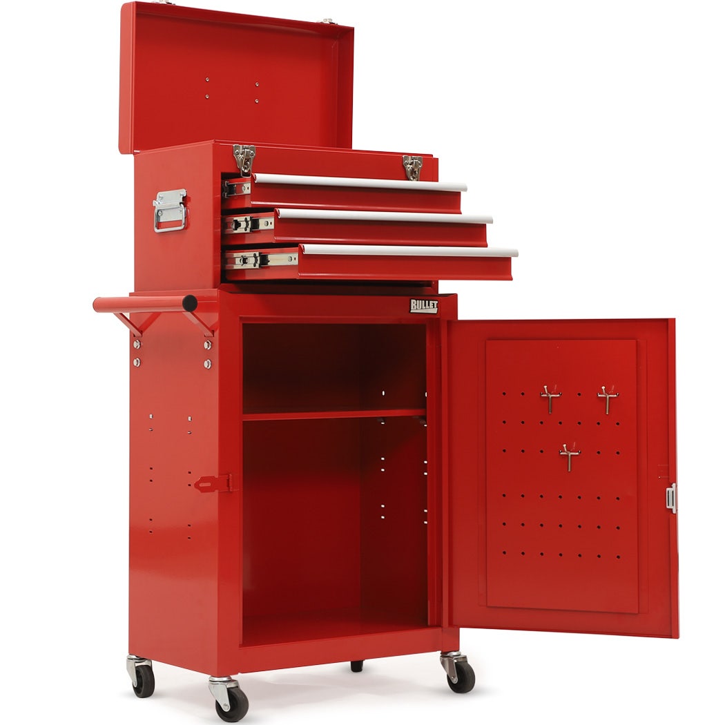BULLET Pro 3 Drawer Tool Box Cabinet Trolley Storage, 1-Door Toolbox Garage Organiser Set, Red