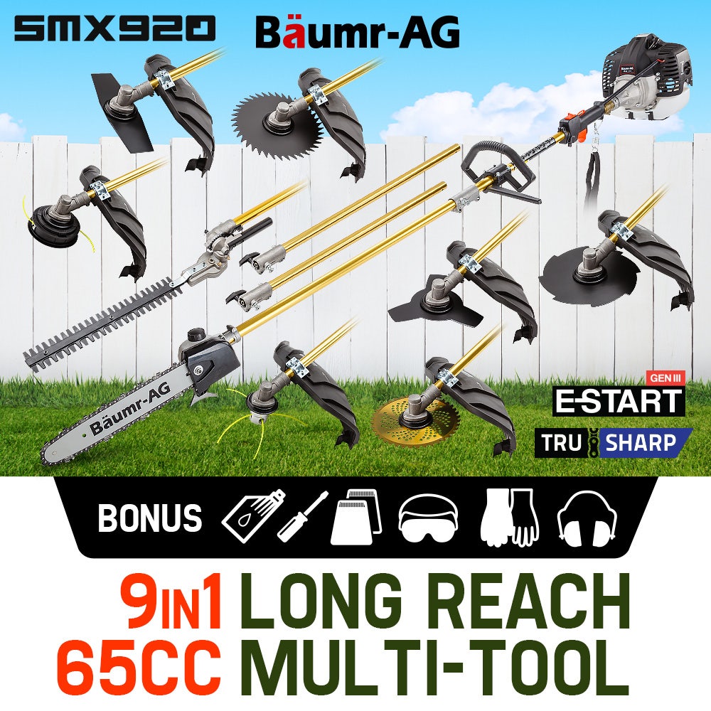 BAUMR-AG 65cc 9in1 Long Reach Garden Multi-tool, Pole Saw, Hedge & Line Trimmer, Brush Cutter, 12" Tree Trimming Pruning Chainsaw Bar, 2 Extension Shafts