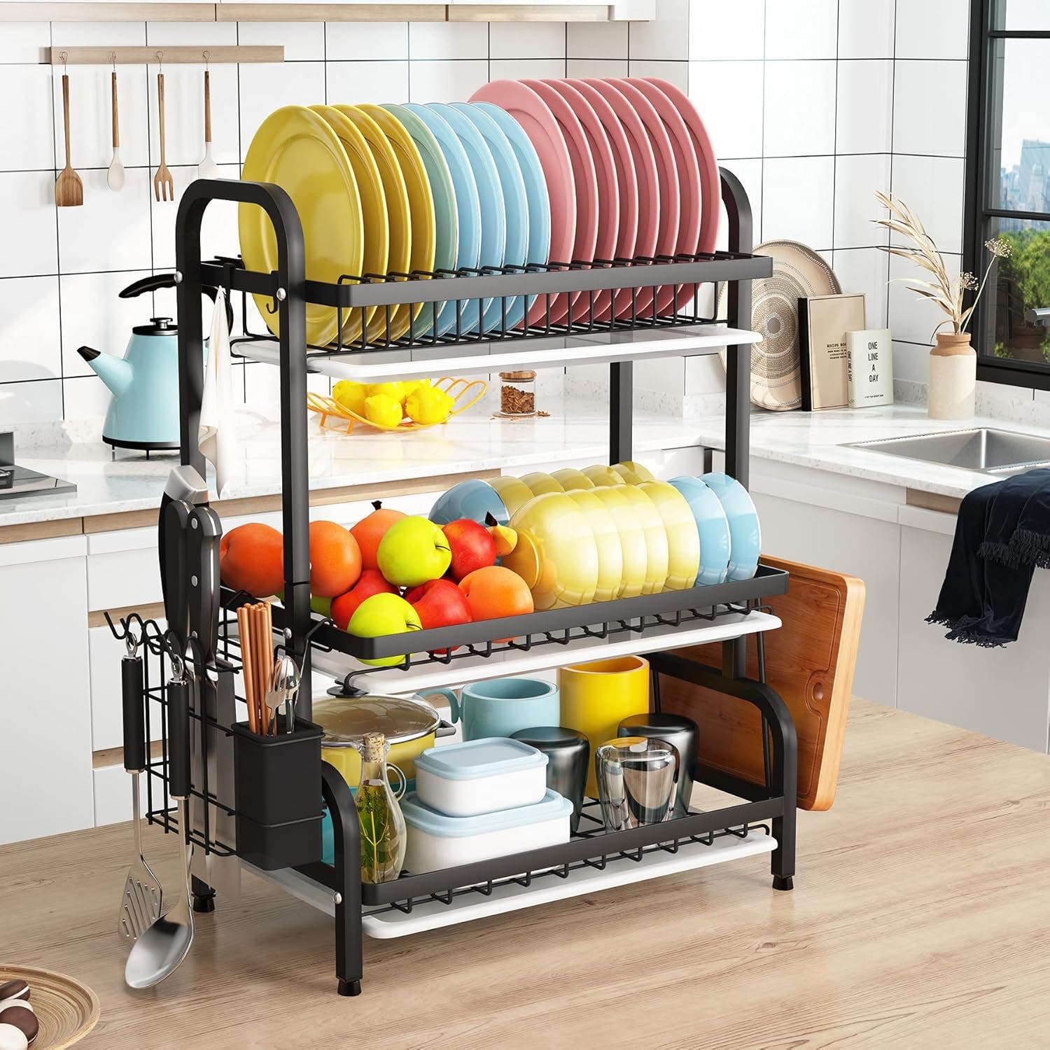 CARLA HOME 3-Tier Large Capacity Utensil & Cutting Board Holder Metal Dish Drying Rack
