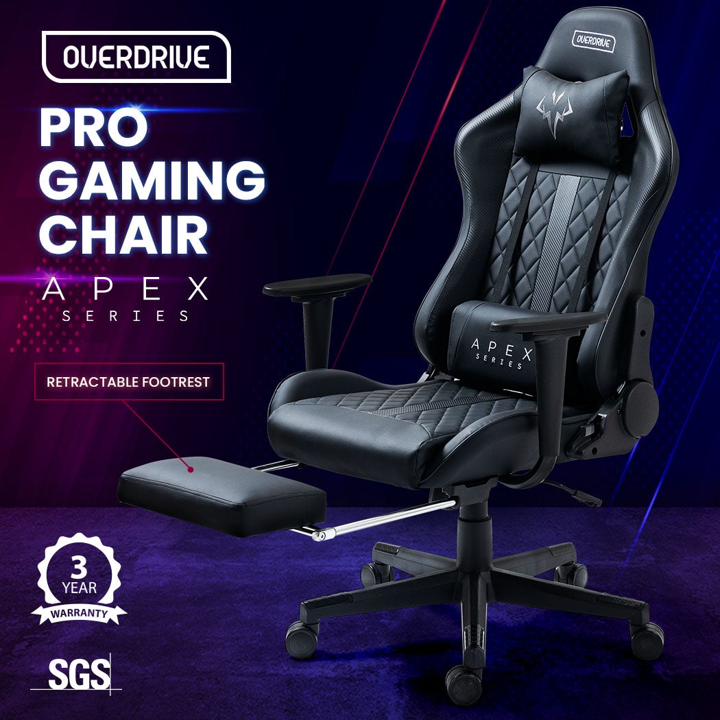 OVERDRIVE Apex Series Reclining Gaming Ergonomic Office Chair with Footrest, Black