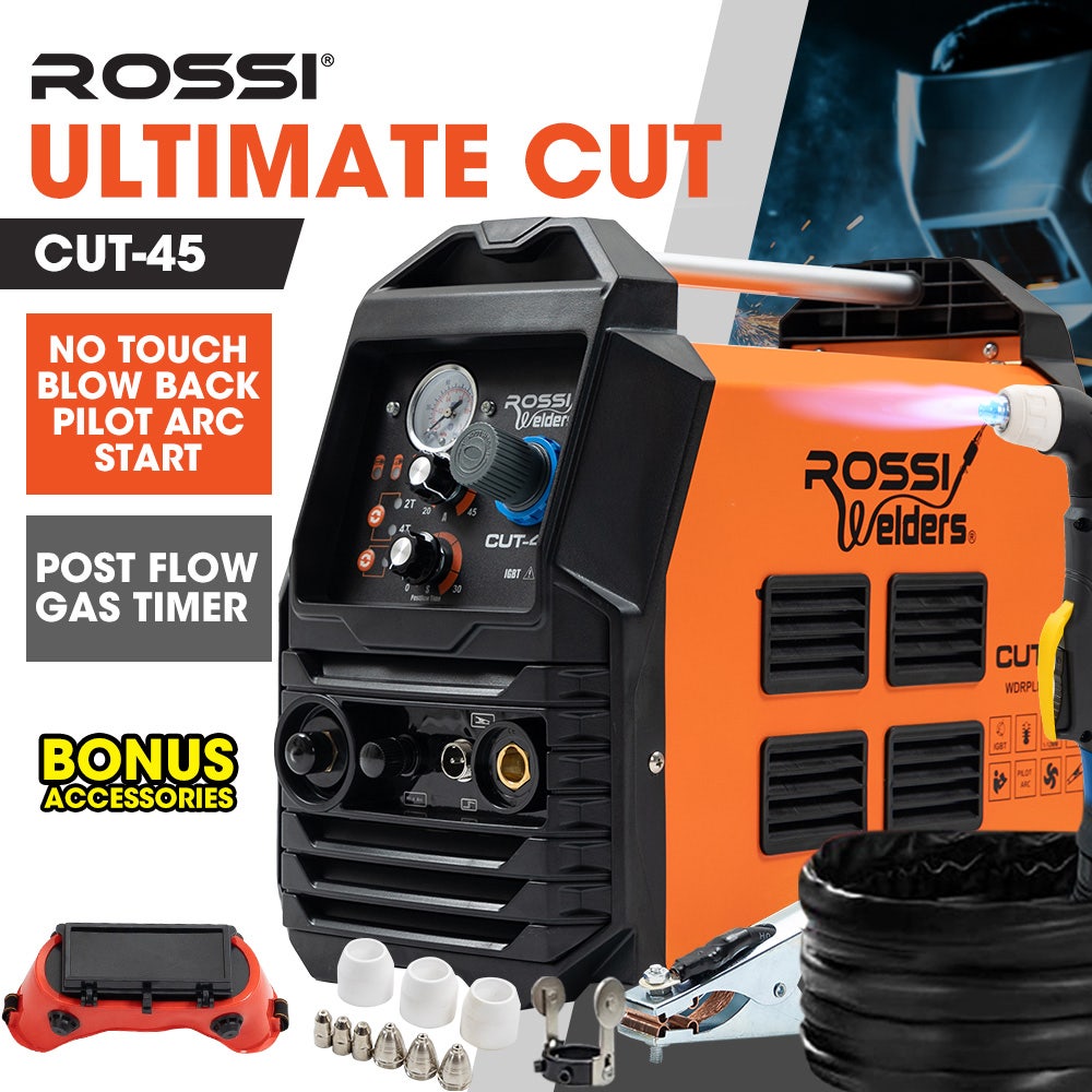 ROSSI 45A Plasma Cutter, Non-Touch Pilot ARC for Easy Cuts of Painted or Rusty Metals, DC Inverter Cutting Machine, Compressed Air