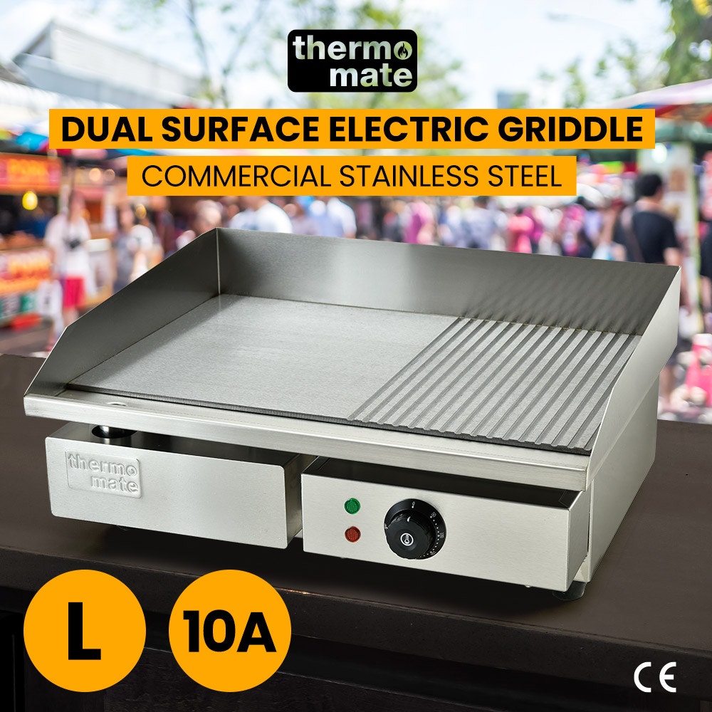 THERMOMATE Commercial Electric Griddle TH-G04, 2400W 55x35cm Half Ribbed Surface