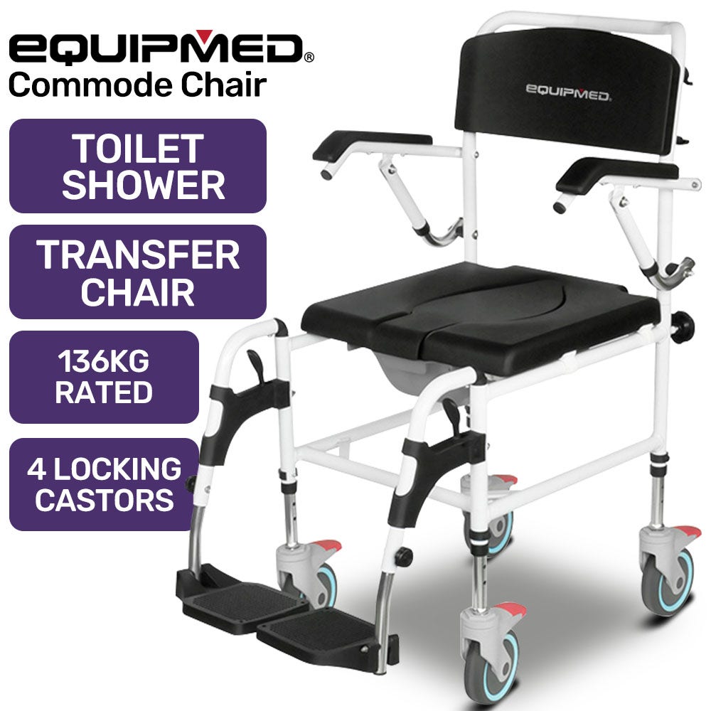 Equipmed Commode Shower Chair, Over Toilet or Bedside 136kg Capacity Aluminium frame with Wheels, Black