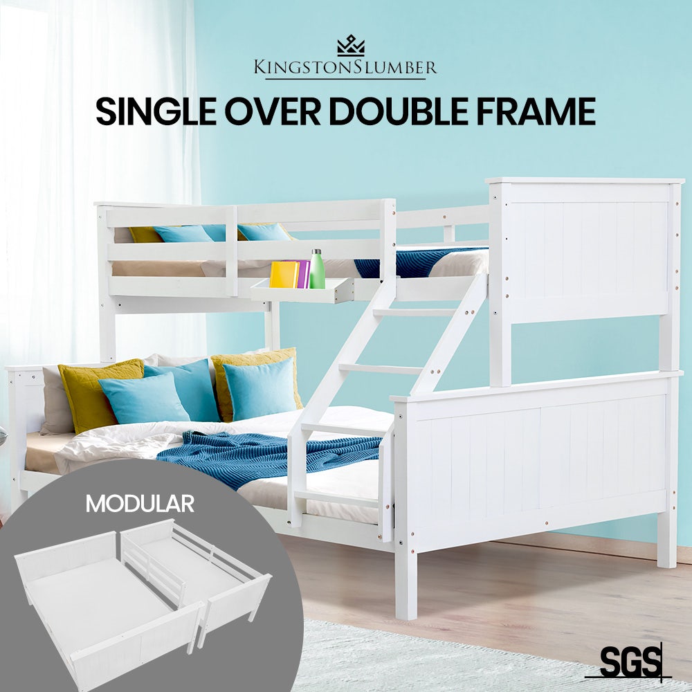 KINGSTON SLUMBER Triple Wooden Single Over Double Bunk Bed Frame for Kids, Convertible Design, White
