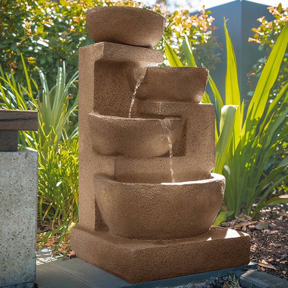PROTEGE 4 Bowl Solar Powered Water Feature Fountain with LED Lights - Sand Colour