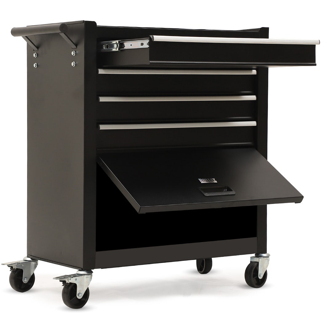 BULLET Pro 4 Drawer Tool Box Cabinet Trolley Storage, with 1-Door Toolbox Garage Organiser Set, Black