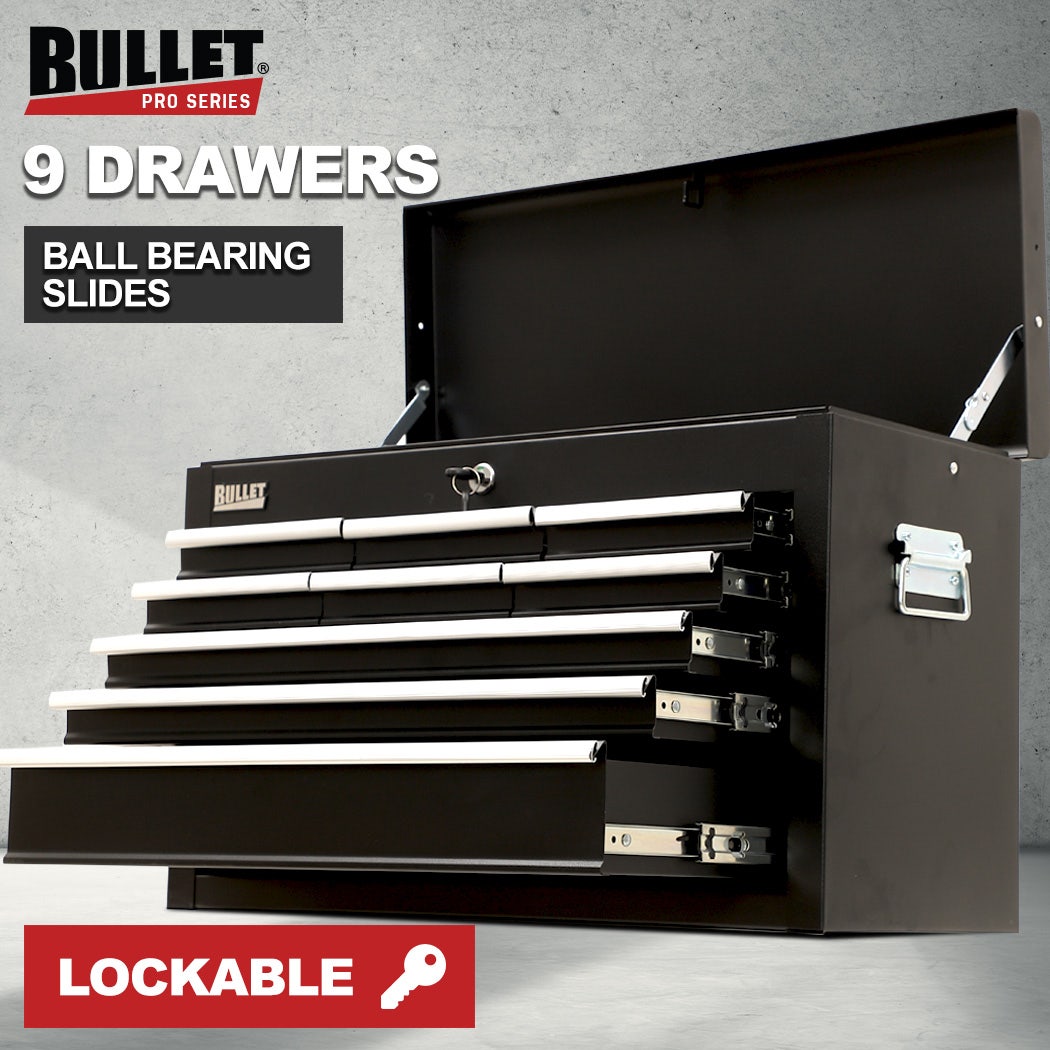 BULLET Pro 9 Drawer Tool Box Chest, Organiser Mechanic Garage Storage Toolbox Set - Black
