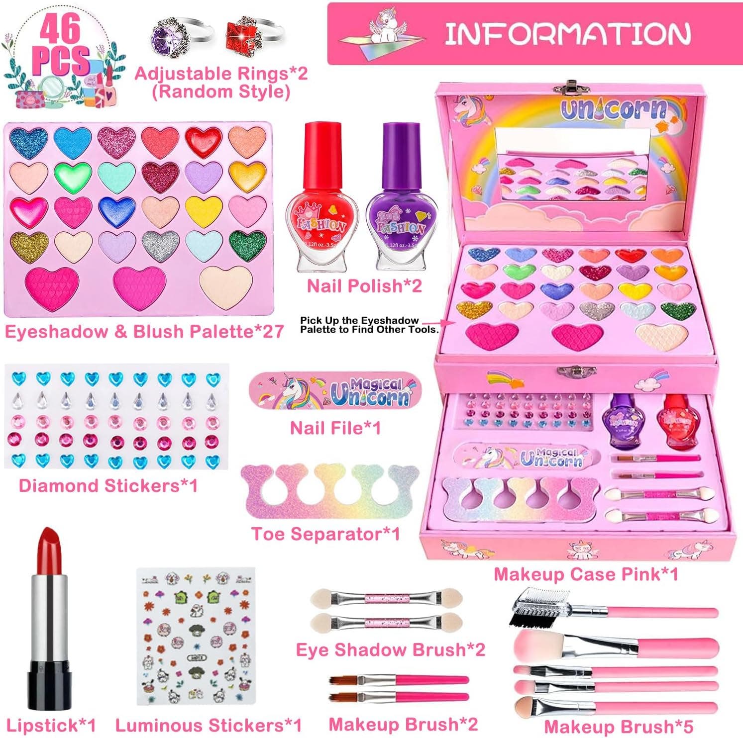 Carla Home Vikus 46Pc Magical Unicorn Kids Washable Non-Toxic Makeup & Mirror Kit