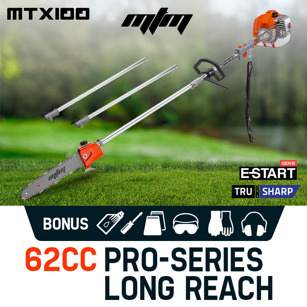 MTM 62cc Long Reach Pole Saw, 2-Stroke Petrol, 12" Tree Trimming Pruning Chainsaw Bar, 2 Extension Shafts