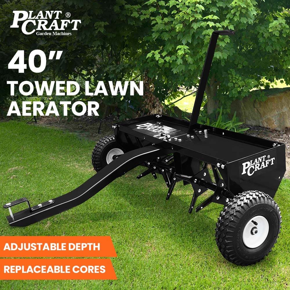 PLANTCRAFT Tow Behind Plug Lawn Aerator 1m (40") Wide, Universal Hitch for Ride on Mower, Garden Tractor